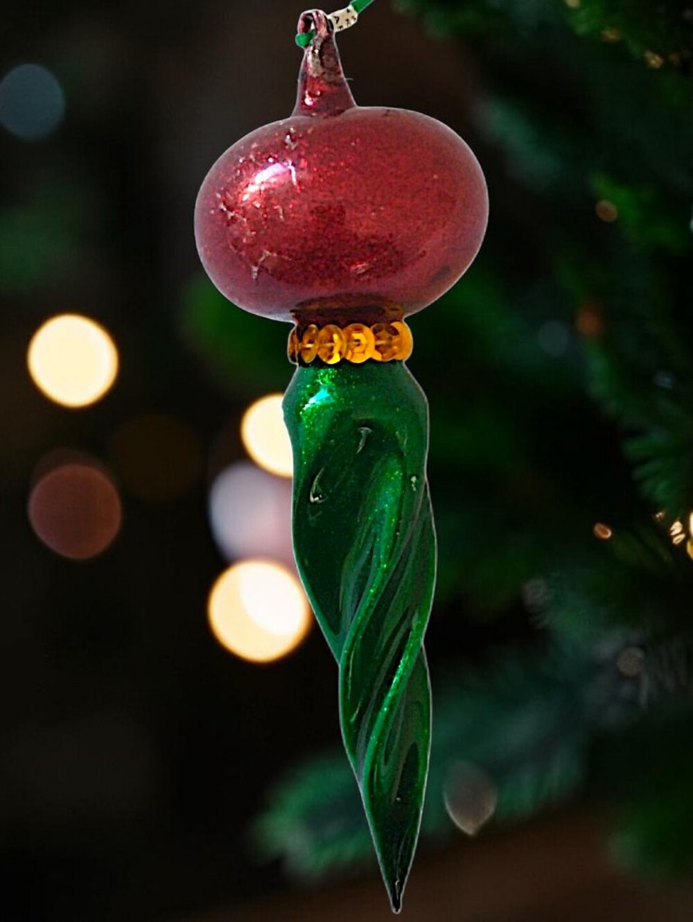 Vtg Hand Blown Glass Ornament Christmas Red Green Twisted Icicle Finial Spiral